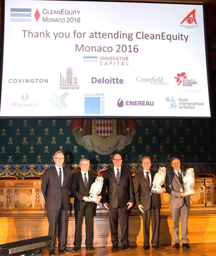 CleanEquity 2016 Award Winners. (L-R) Mungo Park (Innovator Capital), Lord Paul Drayson (Drayson Technologies), HSH Prince Albert II of Monaco, Seth Grae (Lightbridge Corporation) and Alexis Figeac (INNEON).