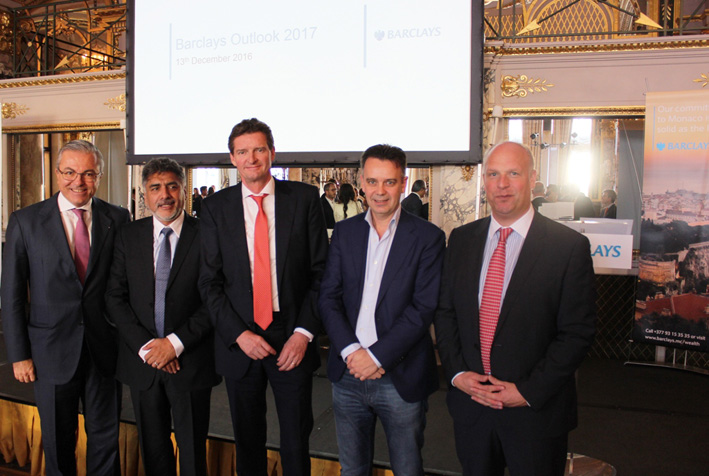 From left to right: Francesco Grosoli, CEO, Wealth and Investment Management EMEA & Monaco Branch, Barclays; James Caan CBE, Philanthropist, Investor & Entrepreneur; Urs Wietlisbach, Co-Founder and Partner of Partners Group; Frans van Eersel, CEO & Founder of Dopay and Henk Potts, Chief EMEA Economist, Barclays.