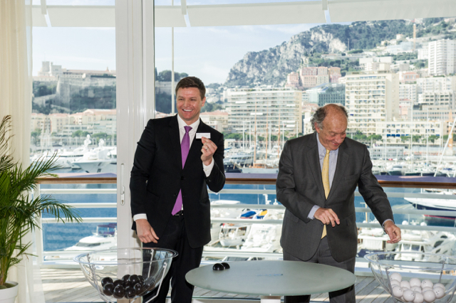 At the Yacht Club Thursday, Gareth Wittstock and François Forcioli-Conti, President of the Côte d’Azur Racing Society, draw names of horses to match with associations for the Charity Mile race. Photo: Axel Bastello / Palais Princier 