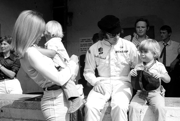 Jackie Stewart (GBR) Matra, won his first World Championship tile as a result of taking his sixth victory of the season. He's pictured here with his wife Helen Stewart (GBR) and son's Mark Stewart (GBR) right, and Paul Stewart (GBR), second from left. Italian Grand Prix, Rd8, Monza, Italy, 8 September 1969. Photo: Sutton Images