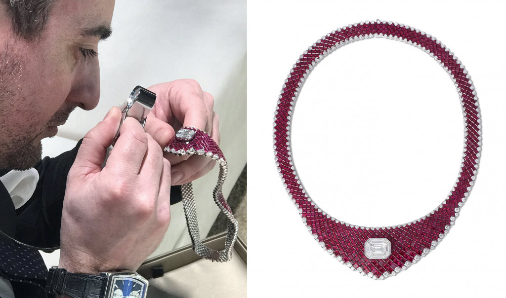 Antonio Cecere studies the flexibility of the invisible setting of the Ovidio necklace. 2. Stenzhorn Ovidio necklace in 18kt gold set with 251 colourless diamonds (14.20ct) and 606 rubies (65.50ct)