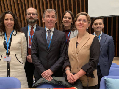 From left to right: Kristel Malgherini, Technical Advisor, Department of Social Affairs and Health; Dr. Hervé Raps, Associate Doctor in the Department of Medical Biology of the Scientific Center of Monaco; Didier Gamerdinger, Government Counselor-Minister of Social Affairs and Health; Laure Chevallier, Administrator at the Direction of the Environment; Carole Lanteri, Ambassador, Permanent Representative of Monaco to the World Health Organization; Maxime Trapani, Permanent Mission in Geneva. Pic: C.Black WHO.