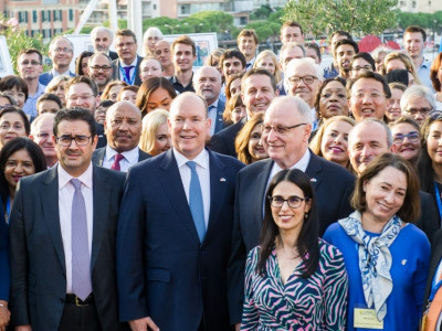 Ambassadors and representatives from 36 Member States, together with IAEA senior officials and Prince Albert II of Monaco (middle), at the IAEA Environment Laboratories. (Photo: Axel Bastello / Palais Princier)