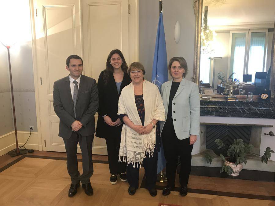 From left to right: Gilles Realini (First Secretary at the Permanent Mission of Monaco in Geneva), Francesca Casalone (Intern at the Permanent Mission of Monaco in Geneva), Michelle Bachelet (UN High Commissioner for Human Rights) and HE Ms. Carole Lanteri (Ambassador, Permanent Representative of Monaco to the United Nations Office at Geneva) - © DR