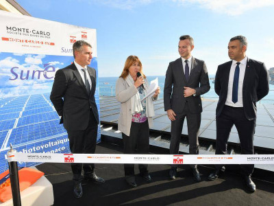 Inauguration MCB Solar Panels - From left to right: Frédéric Darnet, Director of Monte-Carlo Bay; Marie-Pierre Gramaglia, Councilor of Government-Minister of Equipment, Environment and Urbanism; Thomas Battaglione, Managing Director of SMEG and Achour Daira, Monte-Carlo Bay Technical Director © Michael Alesi