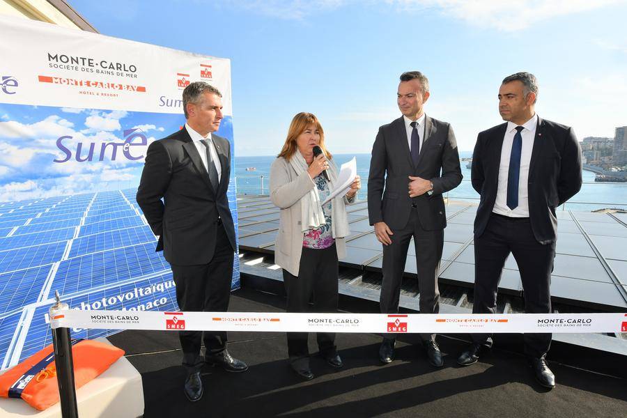 Inauguration MCB Solar Panels - From left to right: Frédéric Darnet, Director of Monte-Carlo Bay; Marie-Pierre Gramaglia, Councilor of Government-Minister of Equipment, Environment and Urbanism; Thomas Battaglione, Managing Director of SMEG and Achour Daira, Monte-Carlo Bay Technical Director © Michael Alesi