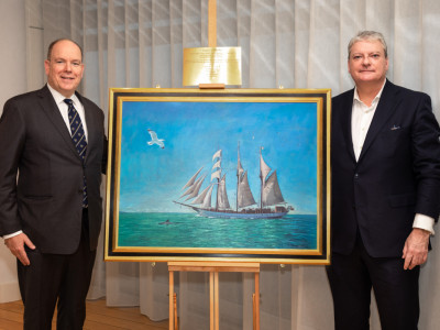 Prince Albert II with a painting of the Grace O’Malley tall ship