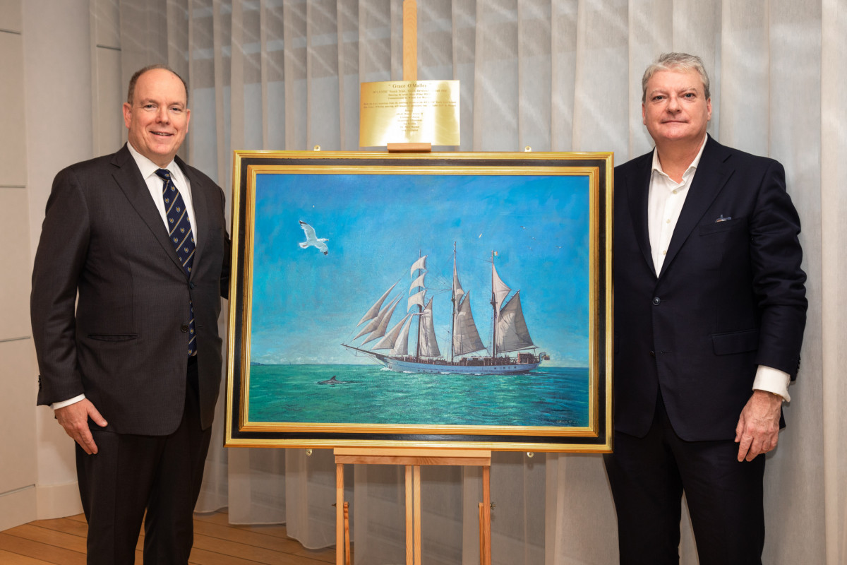 Prince Albert II with a painting of the Grace O’Malley tall ship