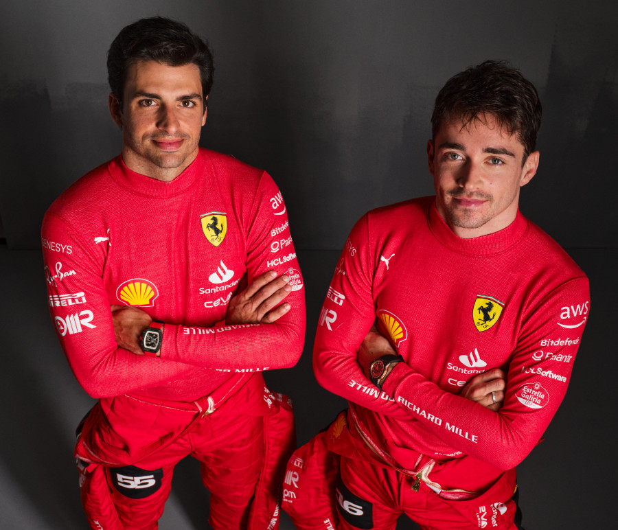 Carlos Sainz and Charles Leclerc in their Ferrari kit