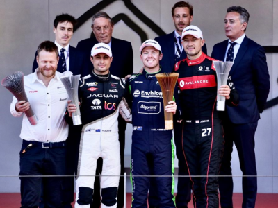Nick Cassidy on top of the podium after winning the Monaco ePrix