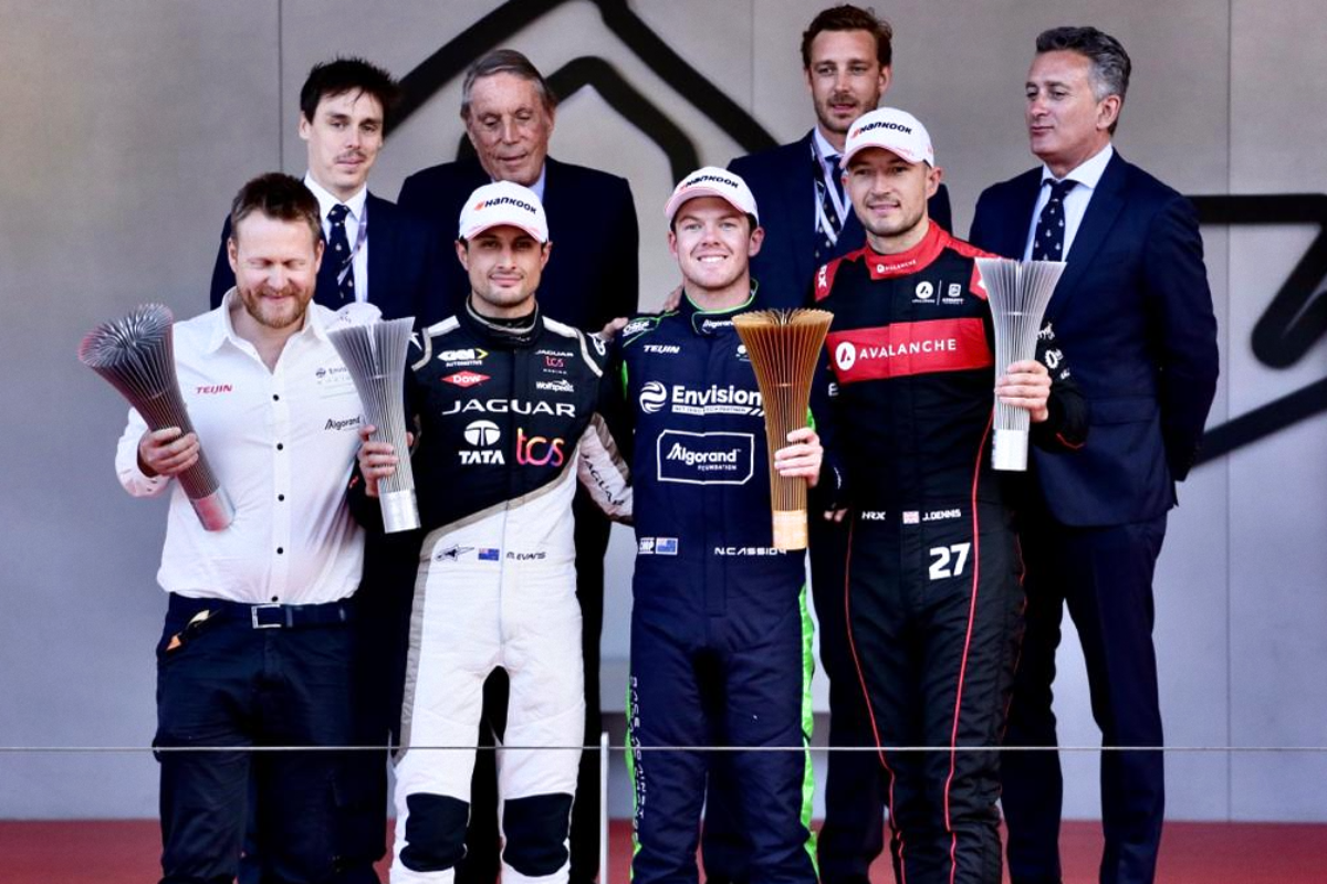 Nick Cassidy on top of the podium after winning the Monaco ePrix