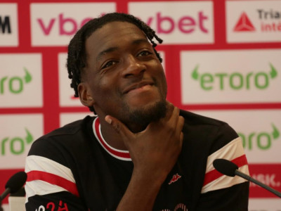 Axel Disasi speaking at an AS Monaco press conference