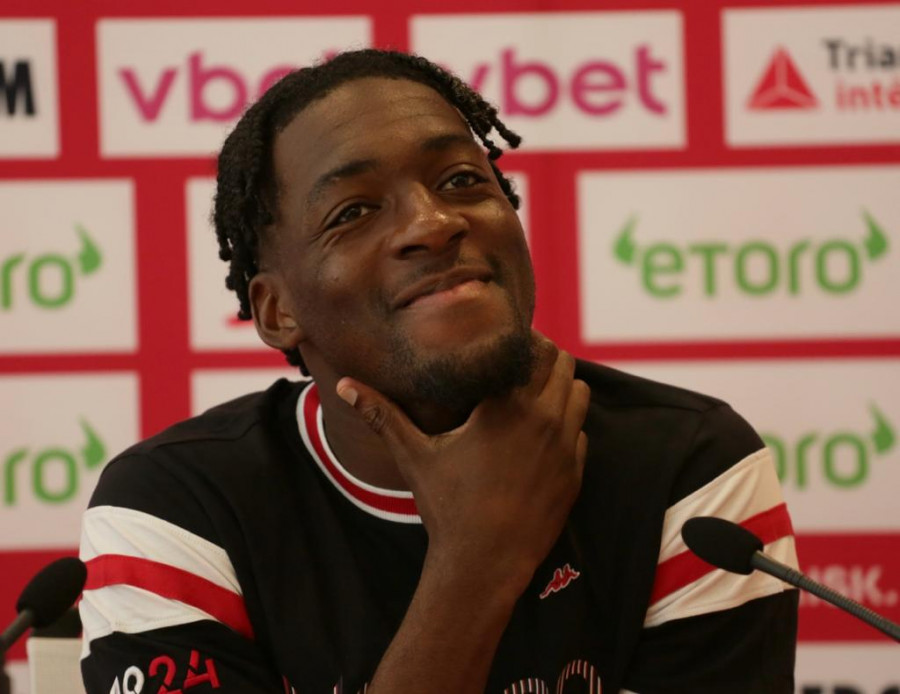 Axel Disasi speaking at an AS Monaco press conference