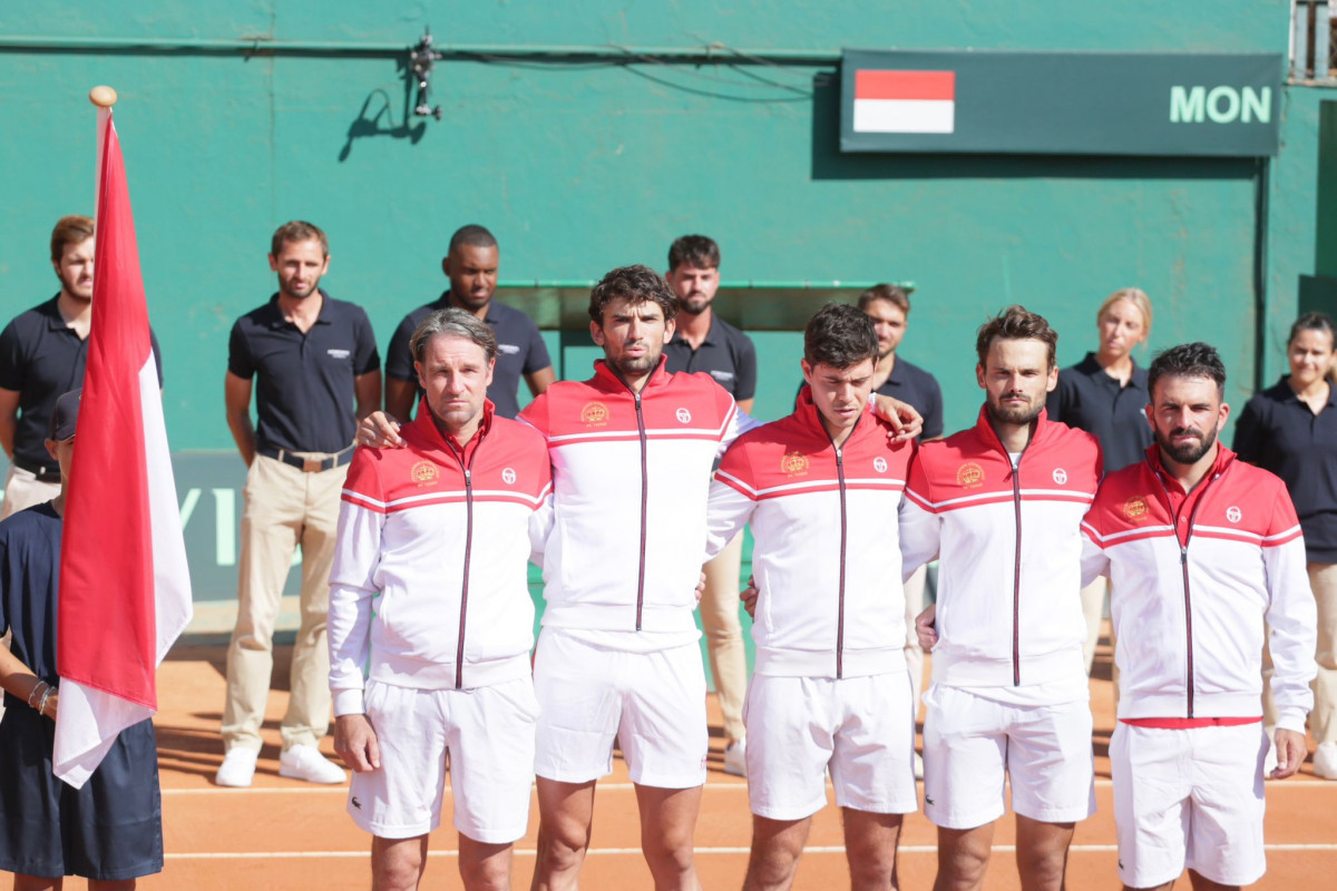 Monaco's Davis Cup team lining up against Ecuador at the Monte-Carlo Country Club (MCCC)
