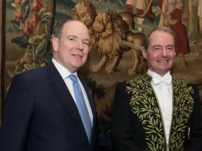 Prince Albert II of Monaco with Pierre-André Chiappori during his induction into the Academy of Moral and Political Sciences in January 2019.