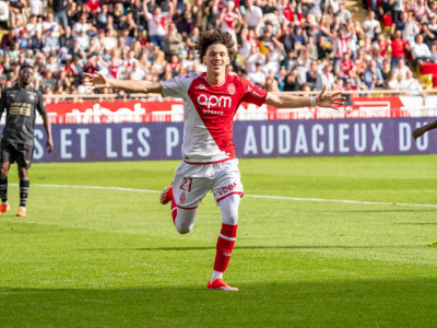 Akliouche celebrate giving Monaco a 1-0 lead against Rennes.