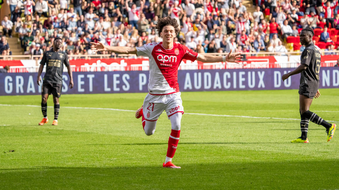 Akliouche celebrate giving Monaco a 1-0 lead against Rennes.