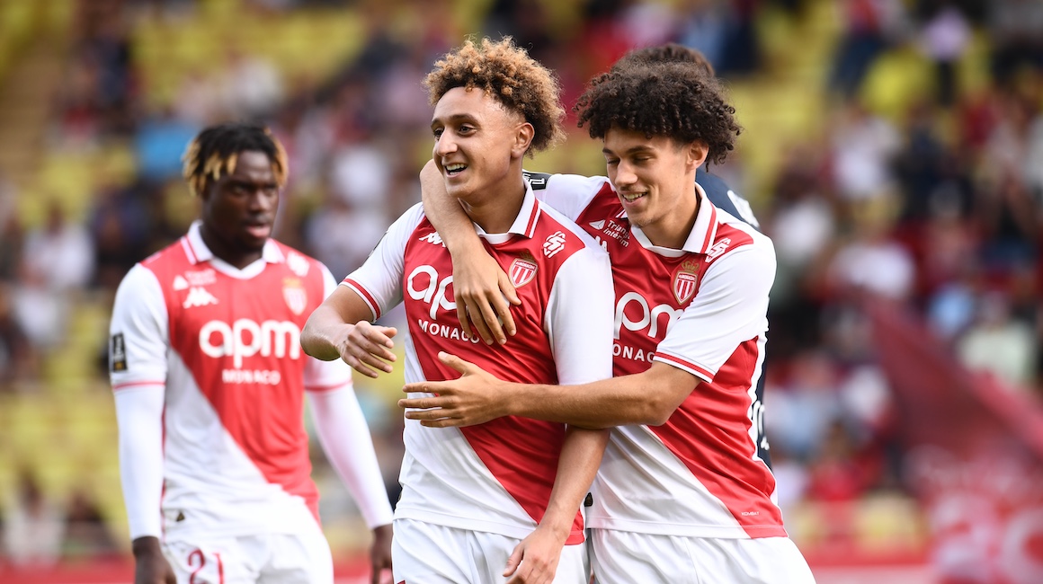 Ben Seghir celebrates his goal, Monaco's second, with Akliouche during a 3-1 victory over Le Havre.