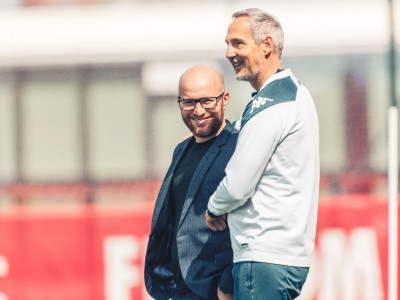 AS Monaco CEO and Adi Hütter look on during a training session at the club's performance centre in La Turbie.