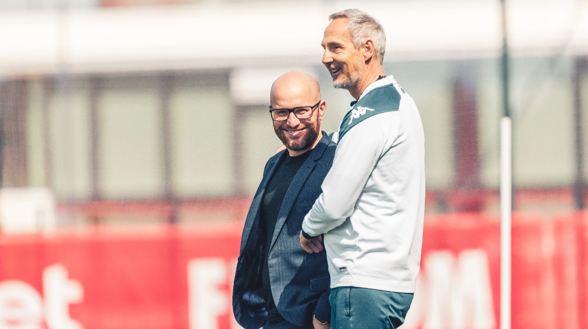 AS Monaco CEO and Adi Hütter look on during a training session at the club's performance centre in La Turbie.