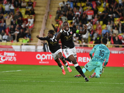 AS Monaco captain Denis Zakaria runs away in celebration as Lamine Camara nets the winner against Montpellier in the centenary match.