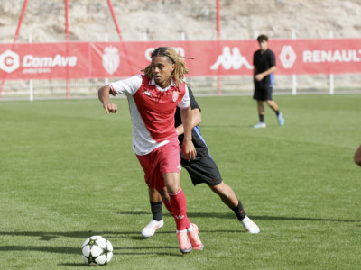 Saimon Bouabré on the ball as AS Monaco's academy take on Barcelona in La Turbie.