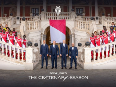 AS Monaco's squad line-up with coaching staff, CEO Thiago Scuro, majority owner Dmitry Rybolovlev, and minority owner Prince Albert II.