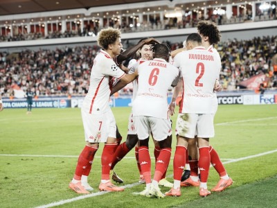 Monaco players celebrate Breel Embolo's goal against Red Star Belgrade.