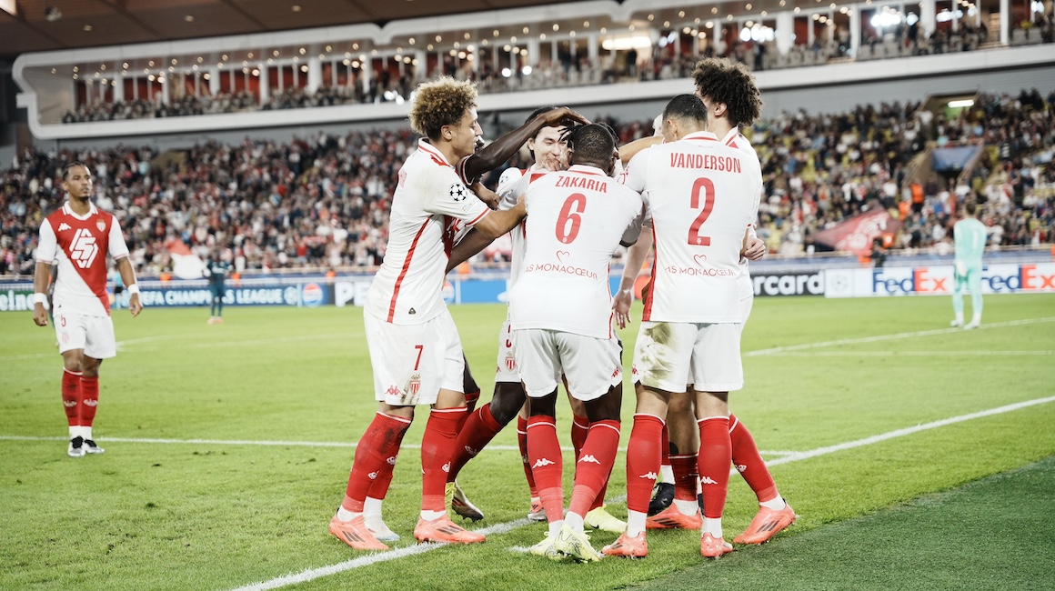 Monaco players celebrate Breel Embolo's goal against Red Star Belgrade.