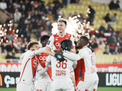 Golovin is held aloft by his teammates after scoring in Monaco's win over Brest at the Stade Louis II.