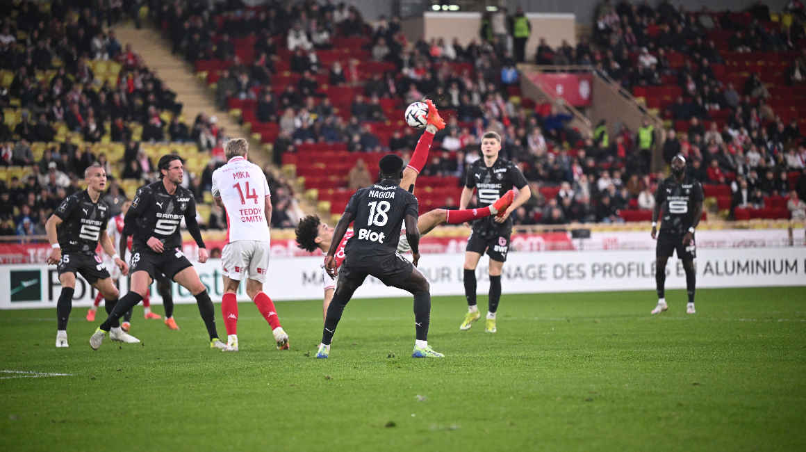 Akliouche nets an acrobatic volley for Monaco, against Rennes, at the Stade Louis II