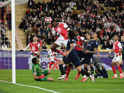 Singo heads home past Aston Villa goalkeeper Martinez to give Monaco the lead at the Stade Louis II