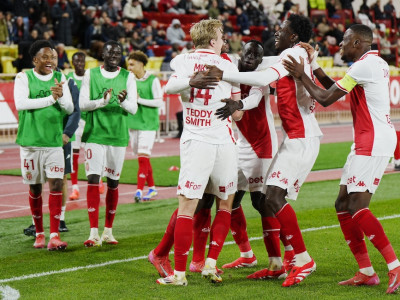 Biereth celebrates with his teammates as Monaco take the lead against Auxerre at the Stade Louis II