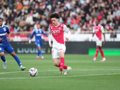 Maghnes Akliouche on the ball in Monaco's draw against Strasbourg at the Stade Louis II