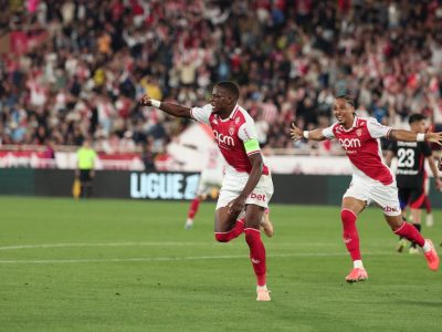 Zakaria celebrates scoring Monaco's second in a 2-0 win over Lyon. He is joined in celebrating by Thilo Kehrer.