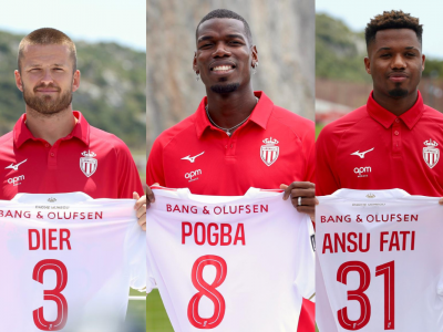Eric Dier, Paul Pogba, and Ansu Fati holding up their AS Monaco shirts in La Turbie following their arrivals at the club.