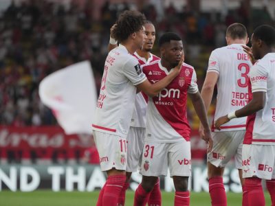 Fati celebrates his goal with his Monaco team-mates at the Stade Louis II.