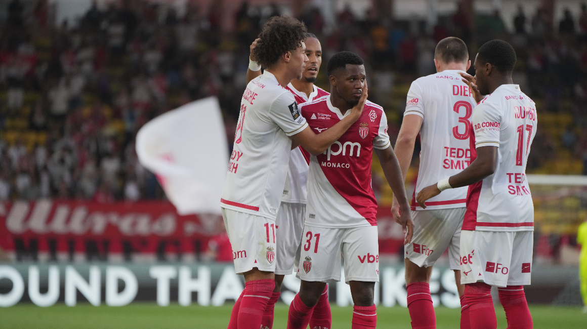 Fati celebrates his goal with his Monaco team-mates at the Stade Louis II.