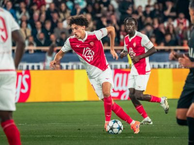 Akliouche on the ball for Monaco in their draw against Tottenham in the Champions League