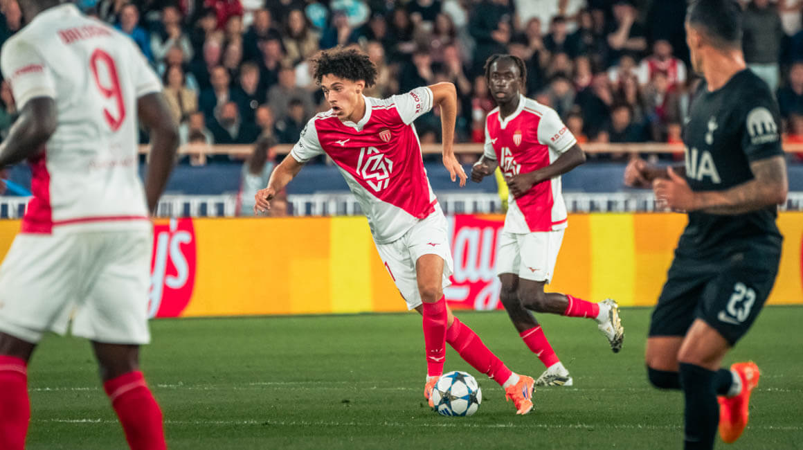 Akliouche on the ball for Monaco in their draw against Tottenham in the Champions League