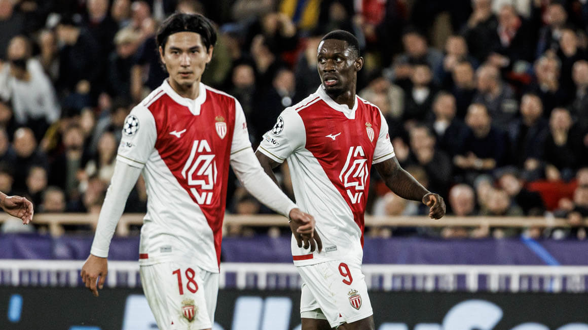Folarin Balogun and Takumi Minamino look on during Monaco's win over Galatasaray