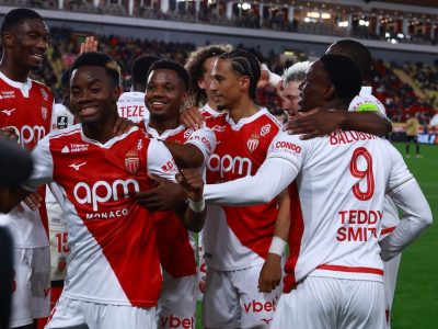 Adingra celebrates in front of the cameras and with his teammates after scoring Monaco second goal in a 2-0 win over Angers