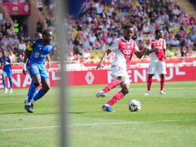 Simon Adingra cuts back under the sun at the Stade Louis II as Monaco are held by Auxerre
