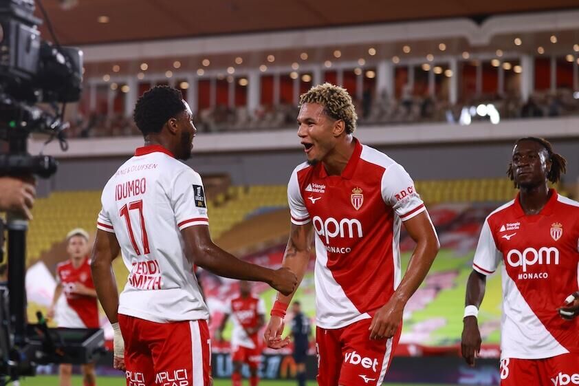 A beaming Brunner celebrates his goal with Monaco teammate Idumbo